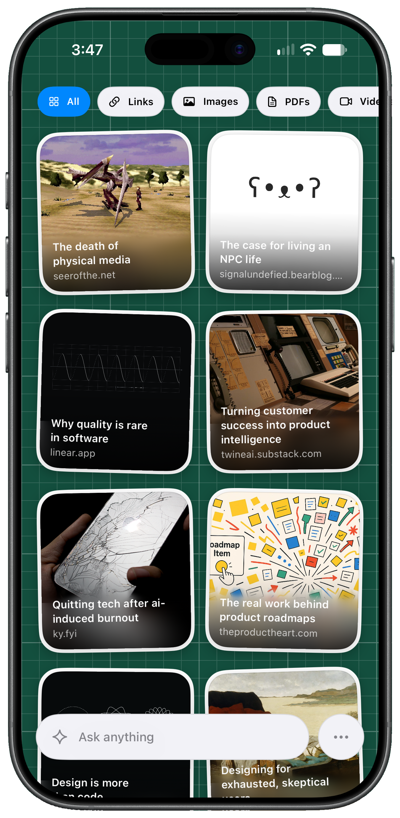The Summy library with saved links arranged as cards